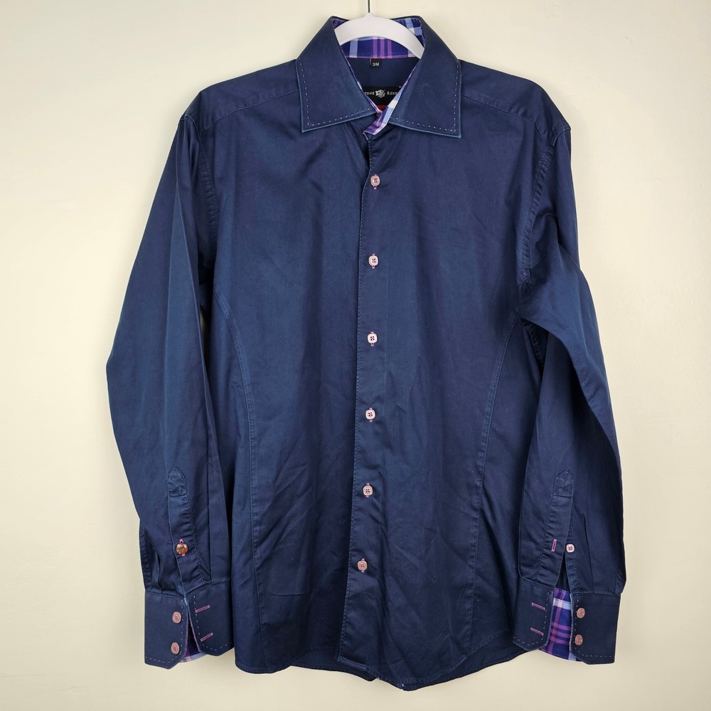 Stone Rose Button Down Shirt Mens M Navy Blue Red Rivet Collection Contrast Trim